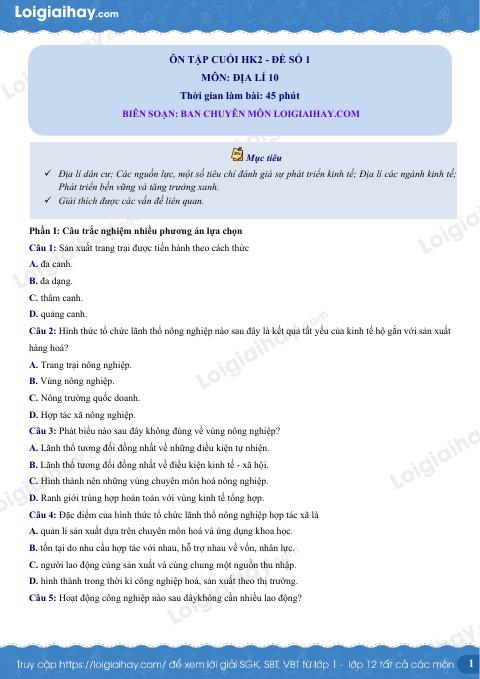 Đề thi học kì 2 Địa lí 10 KNTT - Đề số 1